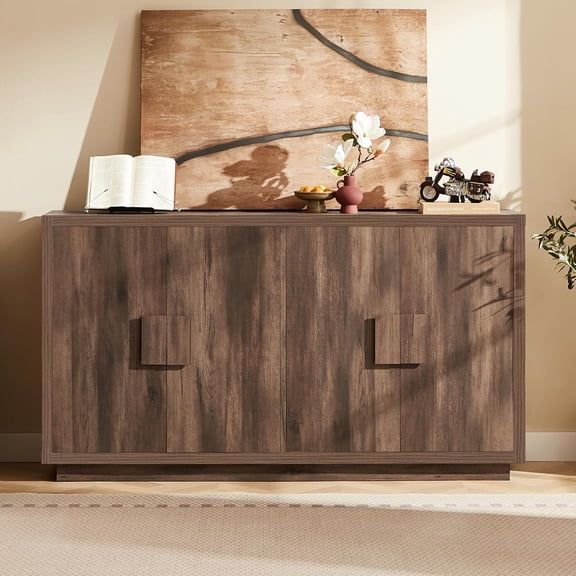 63 Inch Long Buffet Cabinet with Storage, Farmhouse Wooden Sideboard Modern Credenza Storage Cabinet with Doors & Shelves, Mid Century Coffee Bar Cabinet TV Stands for Living Room