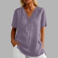 thumbnail image 2 of IWRICH Linen V Neck T Shirts for Women Summer Casual Short Sleeve Tunic Tops Comfy Solid Color Loose Fit Basic Tees Purple S, 2 of 5