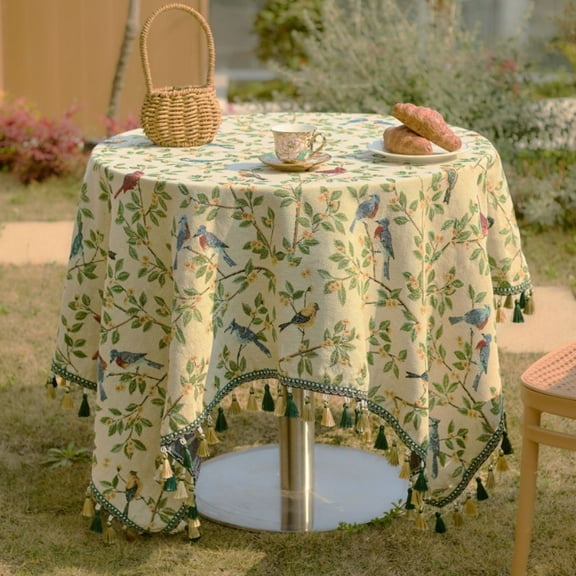 Green Floral & Bird Jacquard Tablecloth - Outdoor Picnic Blanket with Tassels, Decorative Cover for Coffee Table/Bedside Cabinet, Camping Use