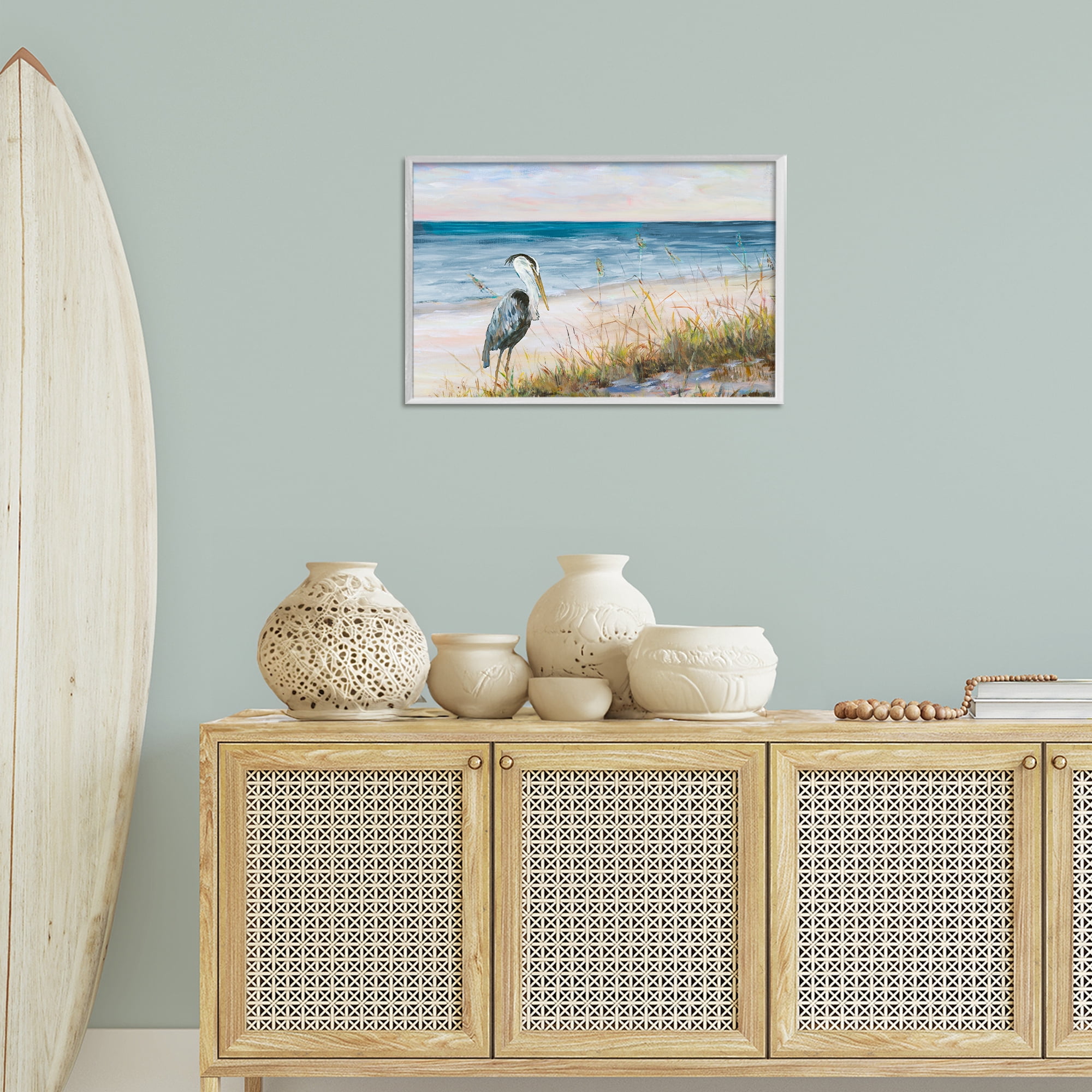 Stupell Industries Calm Pelican on Beach Landscape Painting White Framed Art Print Wall Art, 24 x 16