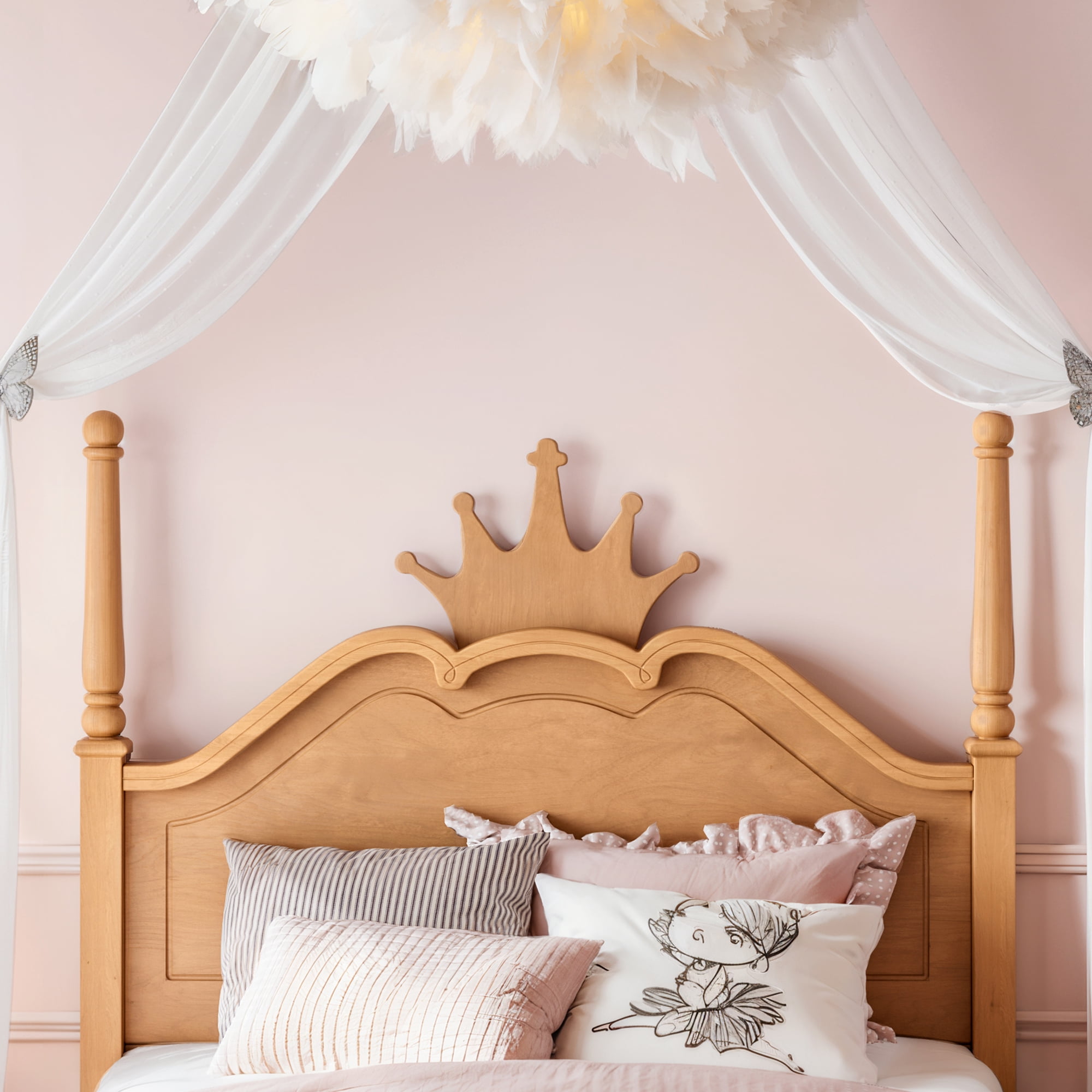 GARITIN Full Size Crown Shaped Platform Bed, Four Poster Wooden Bed Frame, Elegant Curved Headboard Bed Frame for Bedroom Guest Room, Natural