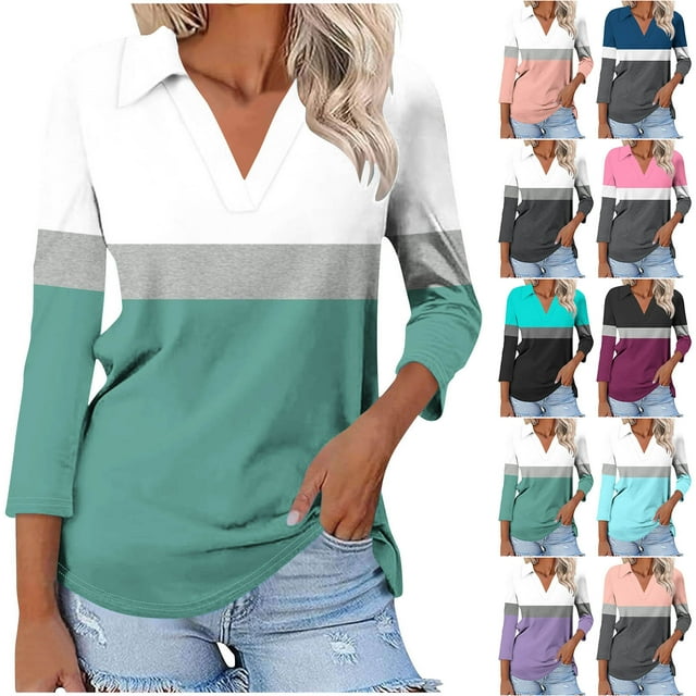 Yuyuzo Womnes Long Sleeve Tops Collared V Neck Shirts Dressy Summer Work Tunic Tops Ladies Tees Blouses