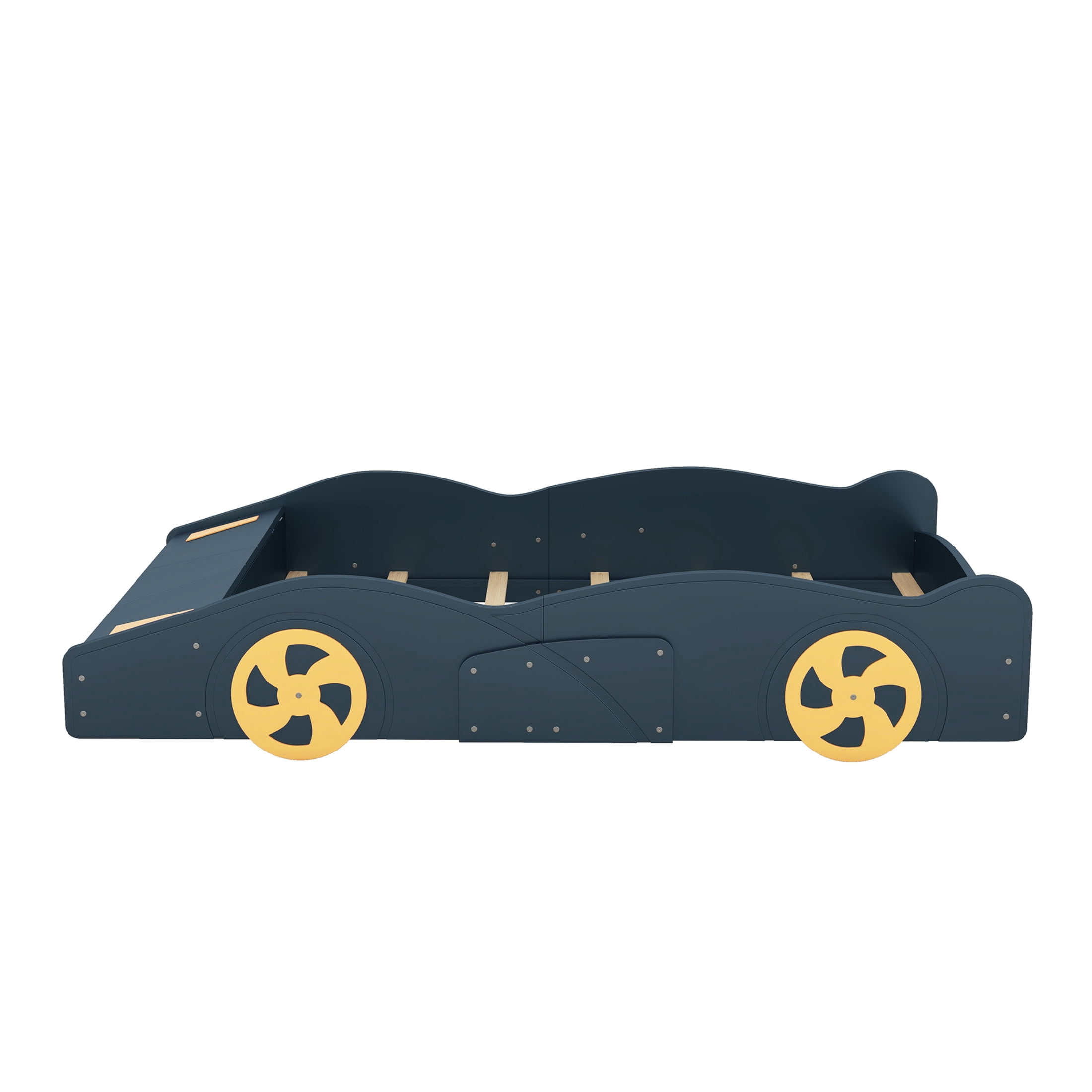 Noble House Full Size Race Car-Shaped Platform Bed with Front Storage, Pine Wood Frame, Dark Blue & Yellow