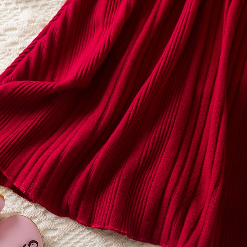 IWEMEK Long Sleeve Dress for Girls Pleated Round Neck Vintage Red Dresses Xmas Party Dress Comfy Knitted Outfit Set 7T
