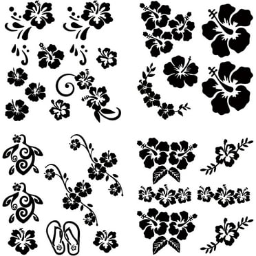 4 Sheets Hawaiian Hibiscus Flower Car Decal Black Laser Reflective Car Sticker Self Adhesive Car Accessories Automotive Exterior Decoration for SUV Truck Vans Motorcycle DIY