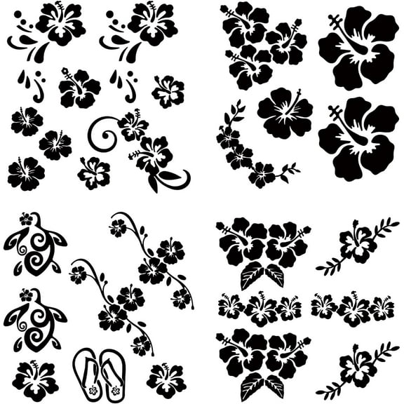 4 Sheets Hawaiian Hibiscus Flower Car Decal Black Laser Reflective Car Sticker Self Adhesive Car Accessories Automotive Exterior Decoration for DIY