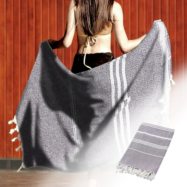 Serviette de Bain Pur Turc Anti-Sable à Pompons Serviette de Plage Adulte Châle d'Extérieur Rayé Serviette de Sauna