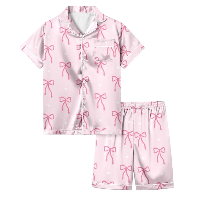 TZEWGL 2 Pieces Nightwear Set For Little Girl Bowknot Print Pajamas Short Sleeve Button Top With Shorts Homewear Outfits Set For junior size 6-7T