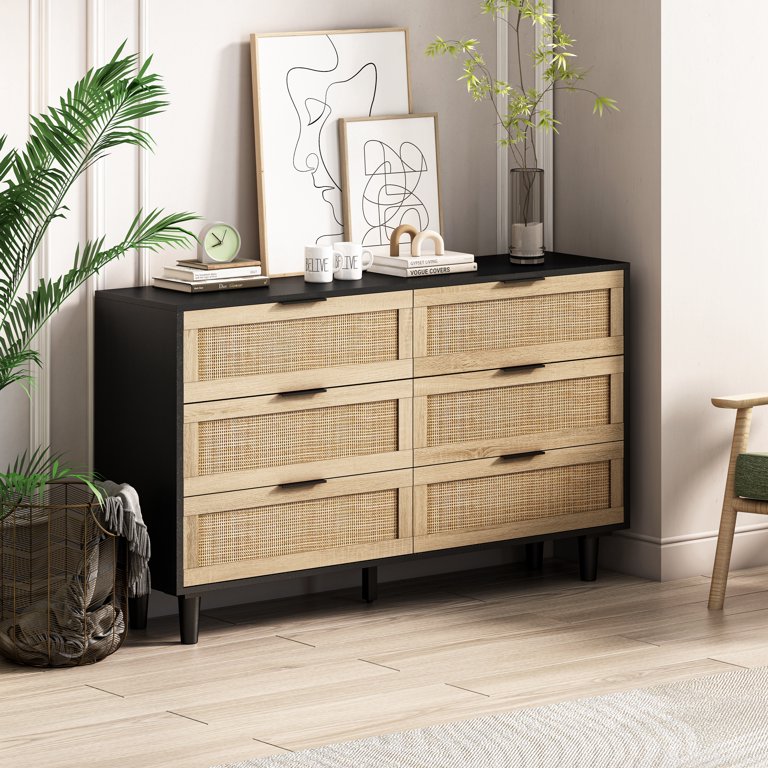 black and rattan dresser Shunda K 6-Drawer Storage Cabinet Dresser, Black/Brown, 51.18