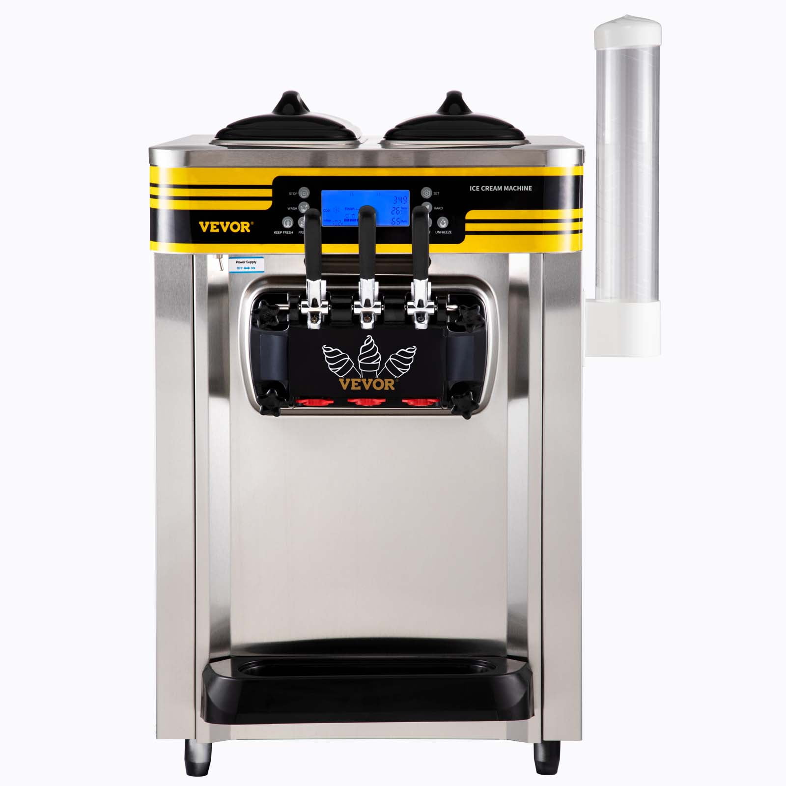 BENTISM Commercial Ice Cream Maker, 22-30L/H Yield, 2350W Countertop Soft Serve Machine w/ 2x6L Hopper 2L