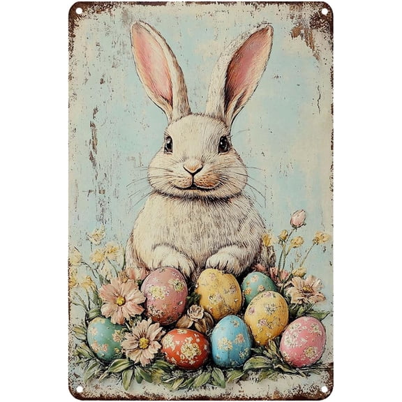 Easter Bunny Metal Tin Sign, 8 x 12 Inch Vintage Rabbit and Easter Eggs Wall Decor for Home, Bedroom, Kitchen, Nursery, Porch, Spring Holiday Decoration