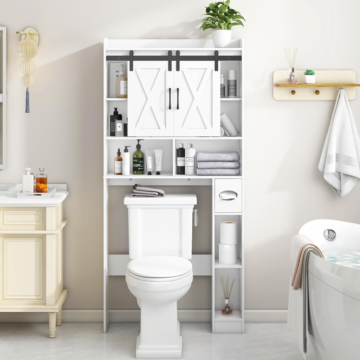 Vabches Over The Toilet Storage Cabinet with Sliding Doors & Toilet Paper Holder, Bathroom Organizer Space Saver, White