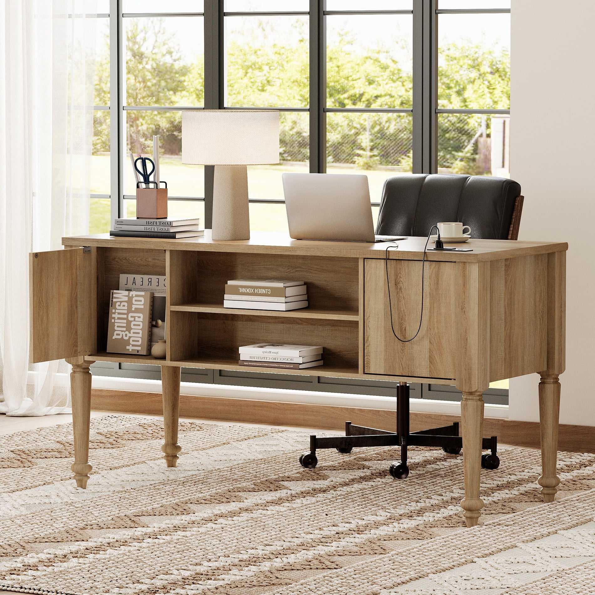 WAMAPT Farmhouse Executive Desk with 5 Drawers, Home Office Desk with Charging Station, Wooden Computer Desk with File Cabinet Storage, Open Shelf for Work and Study, Oak, 56 inch