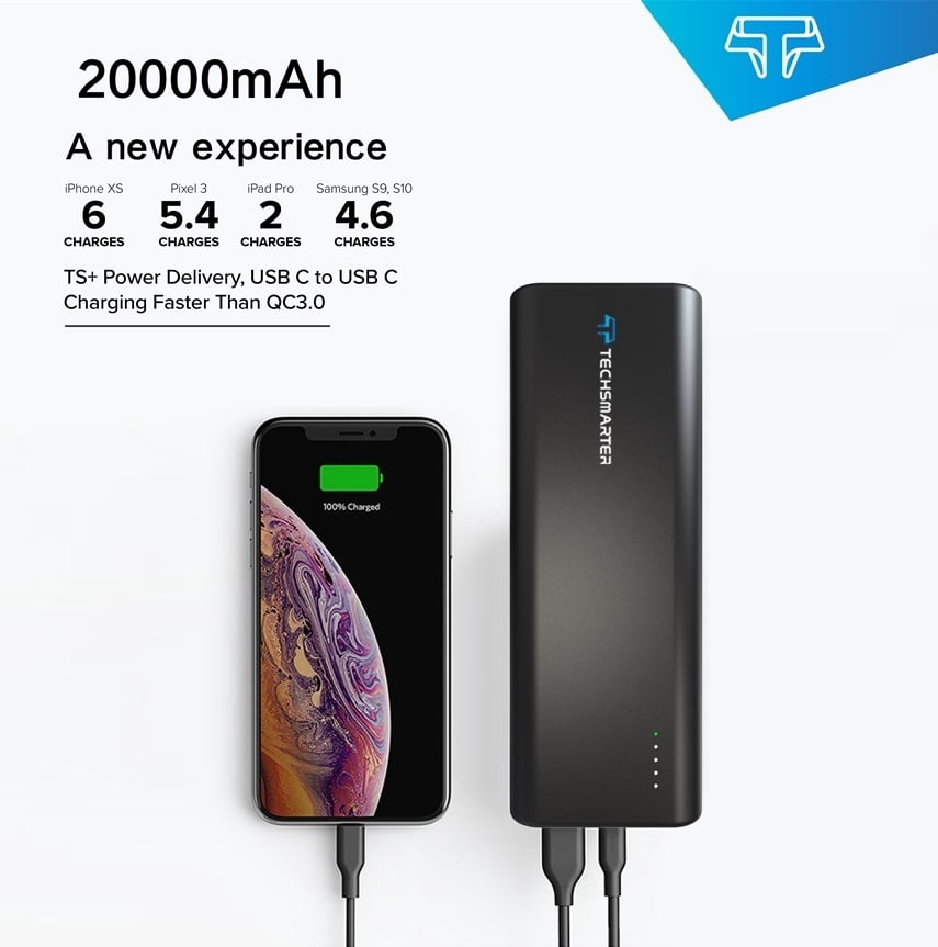 Techsmarter 20000mAh 30W Power Delivery USB C PD Laptop Portable Charger. Compatible with MacBook, iPad, iPhone, Samsung, LG, Moto