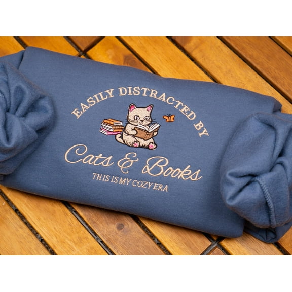 Cats and Books Embroidered Sweatshirt, Book Lover Crewneck, Cat Lover Gift, Funny Reading Sweater, Librarian Bookish Shirt