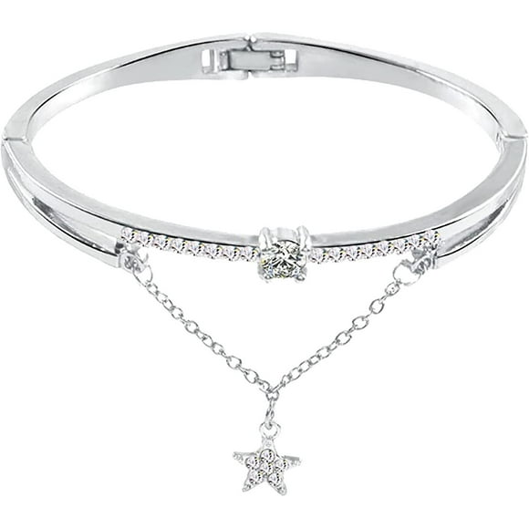 Gemstone Star Pattern Synthetic Crystal Diamond Bangle Bracelet, Women Opening