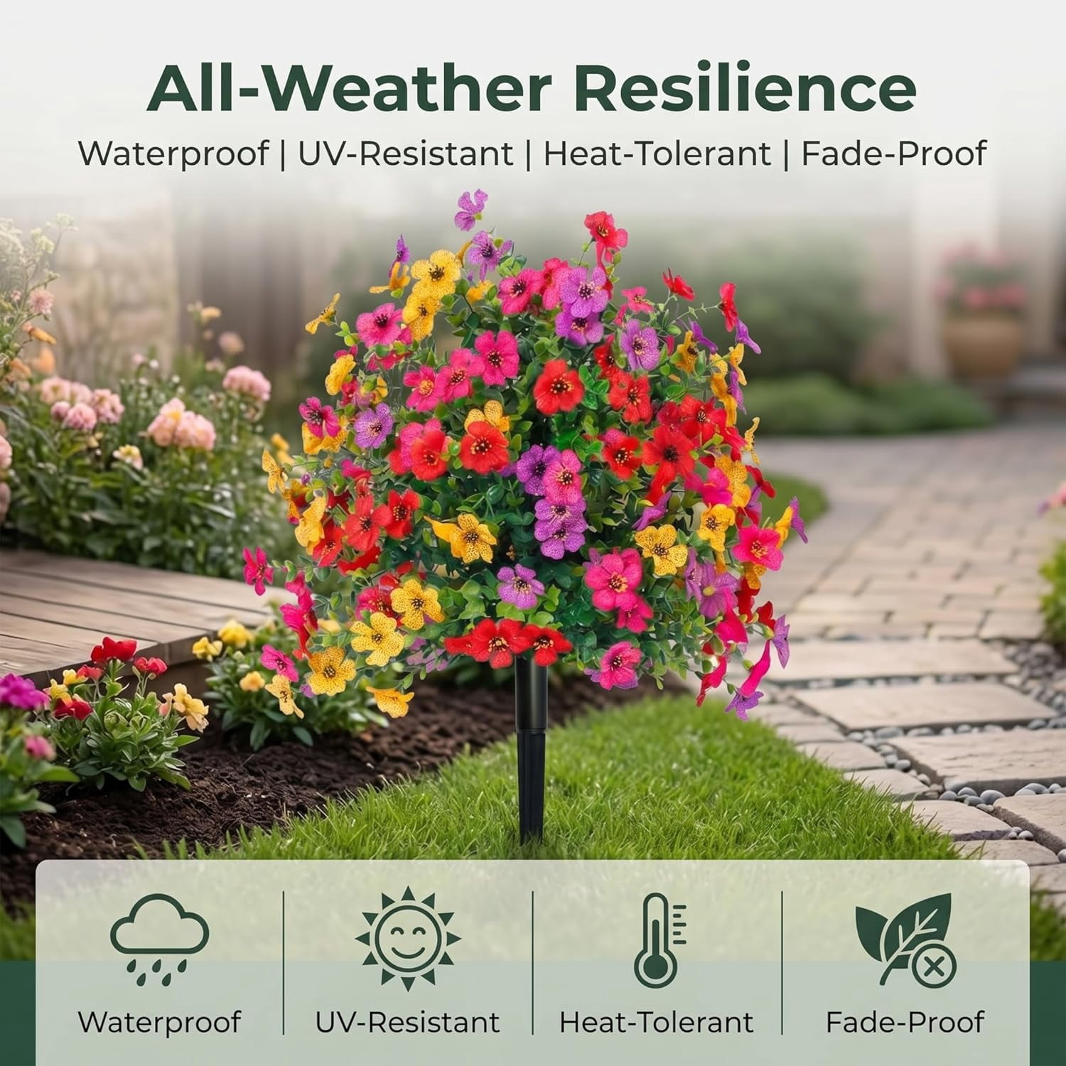 Artificial Flowers for Outdoors 24" Artificial Petunias with Ground Stake, UV Resistant Waterproof Lifelike Faux Flowers Decor for Garden Yard Patio Porch Home (Multi-Color (2 Pack))