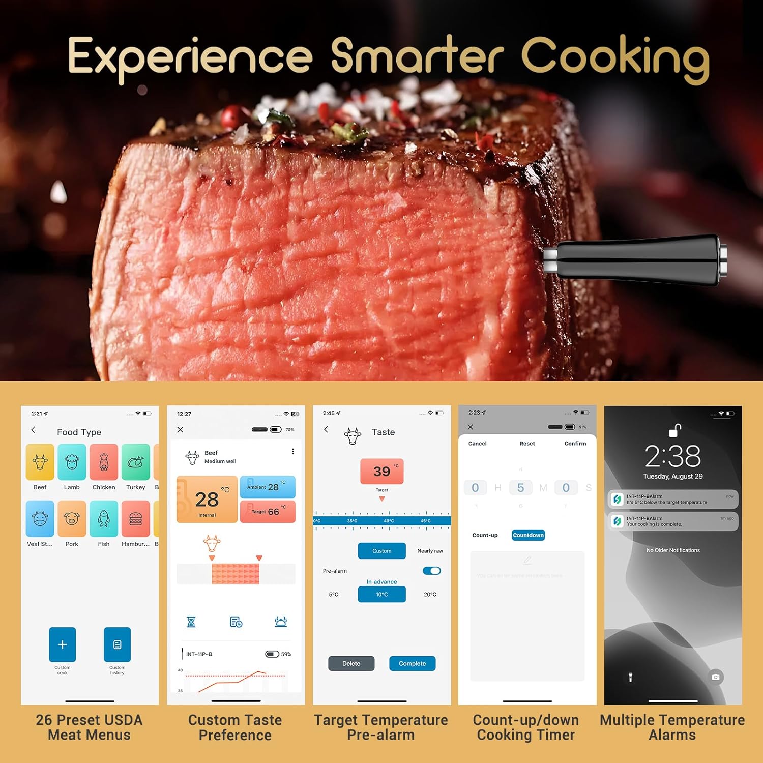 Inkbird Father's day Wireless Meat Thermometer Bluetooth BBQ Thermometer with 91m/300ft App Control and Smart Alarms，Dishwasher Safe,Black