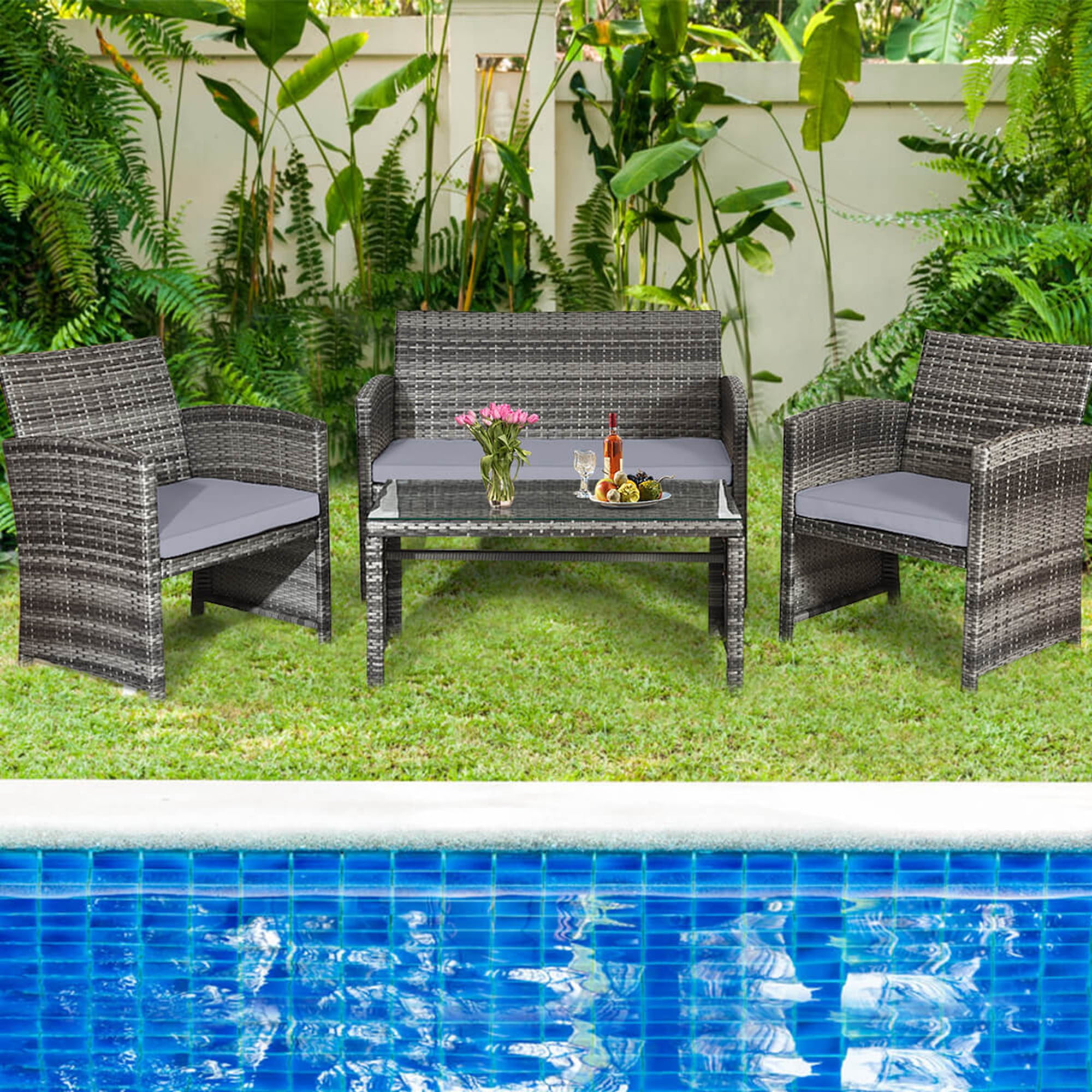 Costway 4 Steel Functional Outdoor Conversation Sets with Loveseat and Chairs, Gray