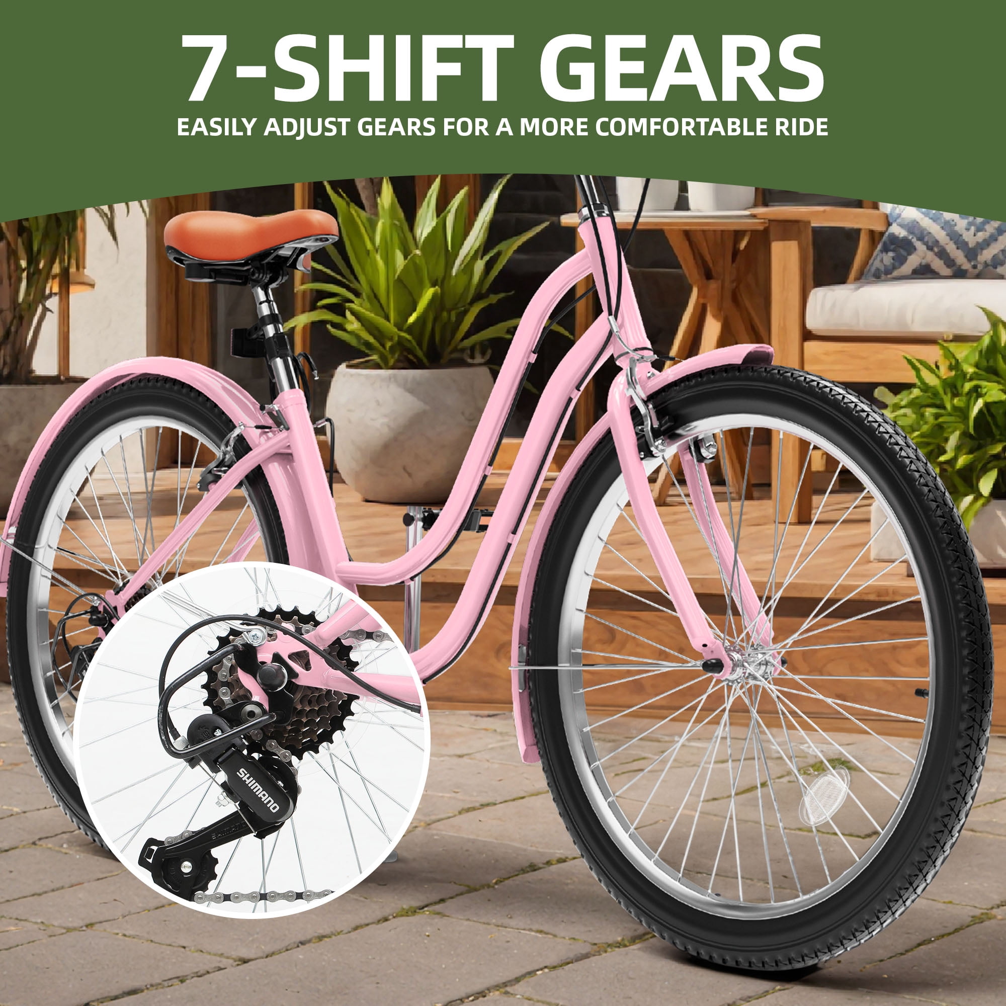 Uforic 26 Inch Beach Cruiser Bike, 7-Speed, Step-Through Bicycle for Men & Women, Steel Frame, Pink