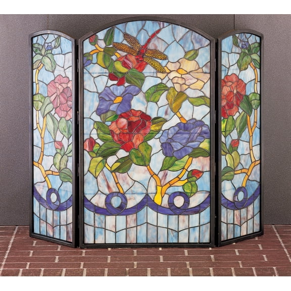 Meyda Tiffany 27234 Dragonfly Flower Folding Fireplace Screen, 40" Width x 34" Height