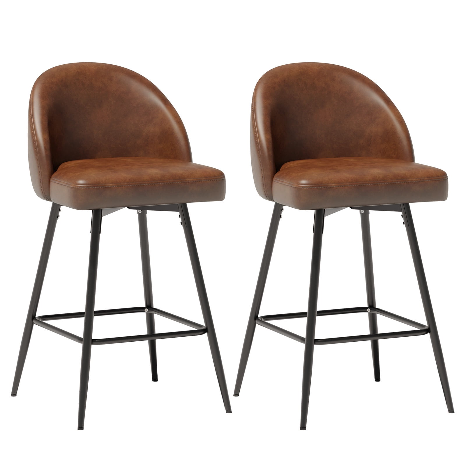 JULY'S SONG Counter Height Bar Stools with Back Sets of 2, 360°Swivel Upholstered Barstools with Metal Legs, 27" Seat Height Bar Stool for Kitchen Island, Faux Leather in Brown