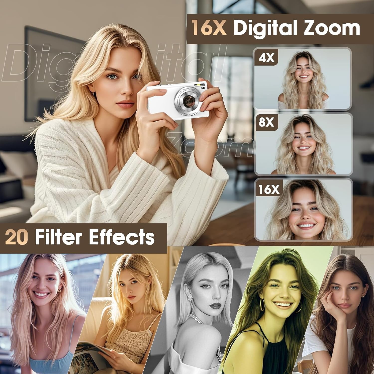 BREWENE Digital Camera 4K Autofocus Vlogging Camera for YouTube with 32GB Card,48MP UHD 16X Digital Zoom Point and Shoot Camera for Photography