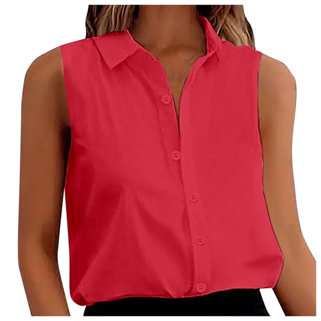 Women Sleeveless Button Down Shirts Chiffon V Neck Loose For Work Casual