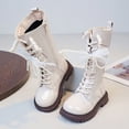 thumbnail image 2 of Mid Calf Combat Boots for Girls Waterproof Leather Winter Warm Lace up Side Zipper High Top Booties Sweet Pearl Bow Princess Dress Boots 1 Big Kid White, 2 of 6