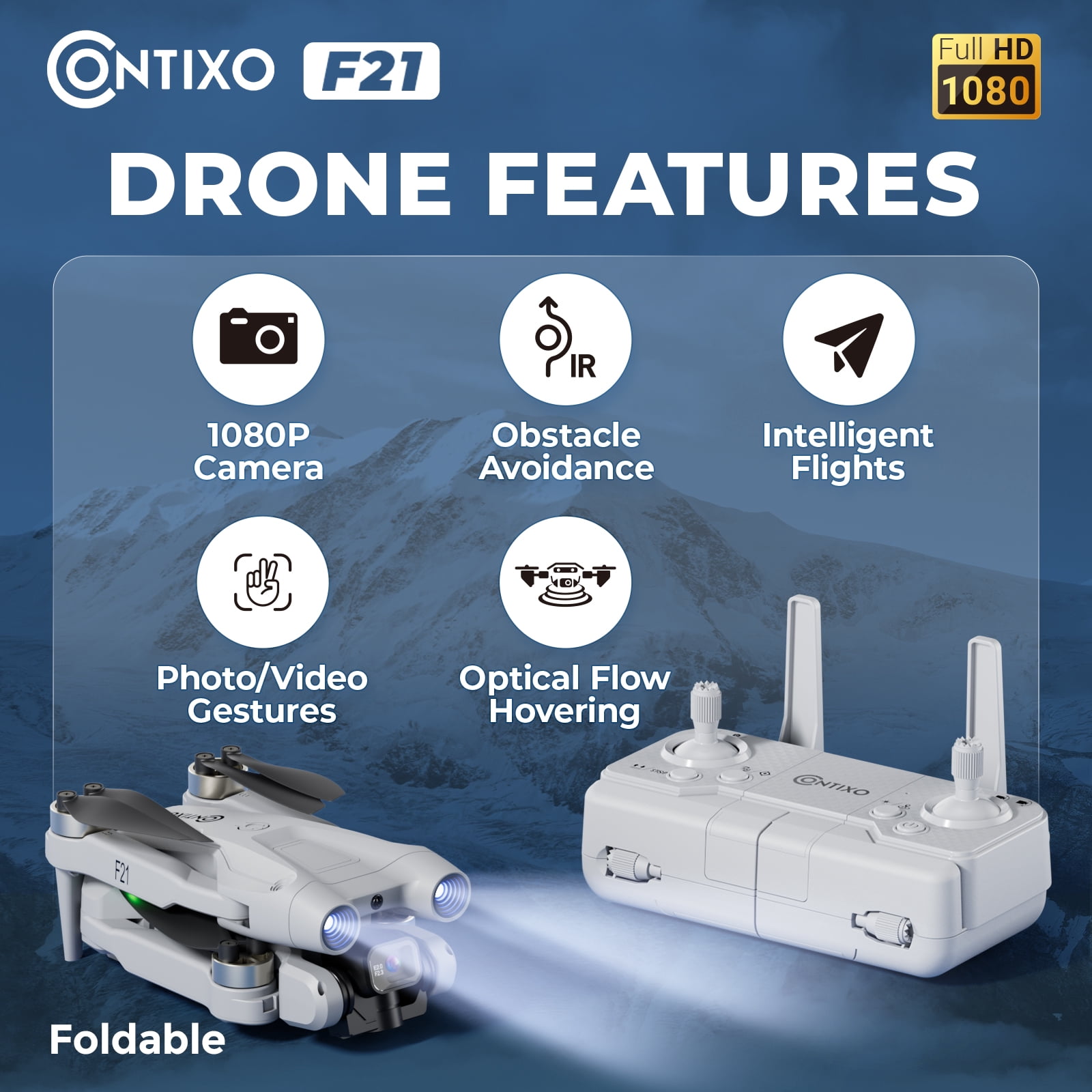 Contixo F21 Foldable Drones for Adults with Camera, 1080P Dual Camera Drone with 3-Way Obstacle Avoidance, Gray