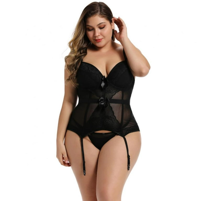 Teddy Babydoll with Garter Straps, Corset Lingerie for Women Plus Size,  V-Neck Lace Babydoll, Strappy Bustier, One Piece Bodysuit 