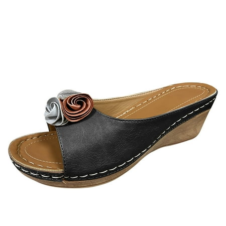 

Pgeraug womens slippers Large Flowers Solid Slippers Color Women Fashion Casual Slope Size Sandals And Women s sandals mens slippers Black 38