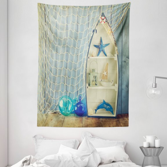 Nautical Tapestry, Nautical Boat Standing against the Wall Other Aquatic Objects Sea Featured Picture, Wall Hanging for Bedroom Living Room Dorm Decor, 60W X 80L Inches, Blue Beige, by Ambesonne