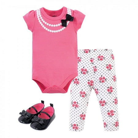 UPC: 0660168702262 | Little Treasure Baby Girl Cotton Bodysuit  Pant and Shoe 3pc Set  Pink Pearls  0-3 Months