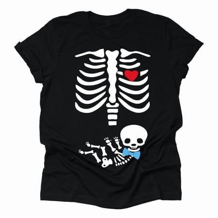 Halloween Pregnancy Announcement Skeleton with Baby Mommy Daddy Matching Costume Unisex Shirt (Blue Bow Black- 3X Large)