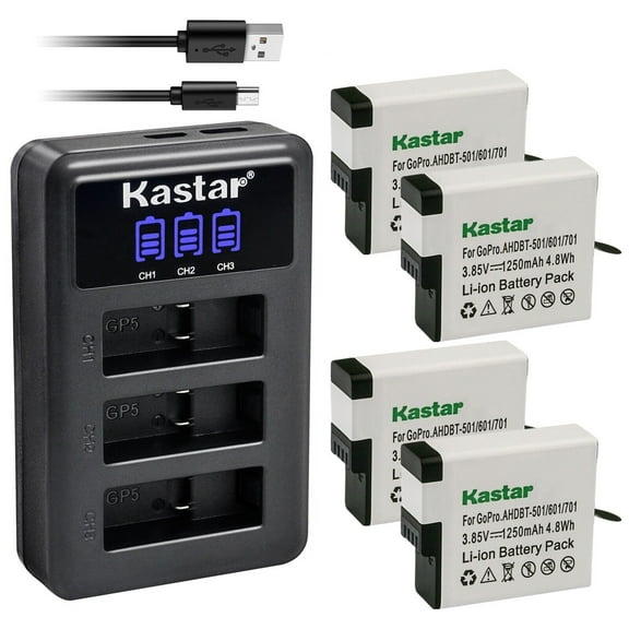 Kastar 4 Pack Battery   LCD Triple USB Charger Compatible with GoPro AABAT-001, HERO, HERO5 HERO 5, AHDBT-501, AHBBP-501, HERO6 HERO 6, AHDBT-601, AHBBP-601, HERO7 HERO 7, AHDBT-701, AHBBP-701 Battery