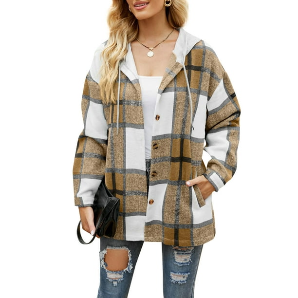 Women Flannel Jacket with Hood Plaid Hooded Shacket Shirt Shacket Coat ...