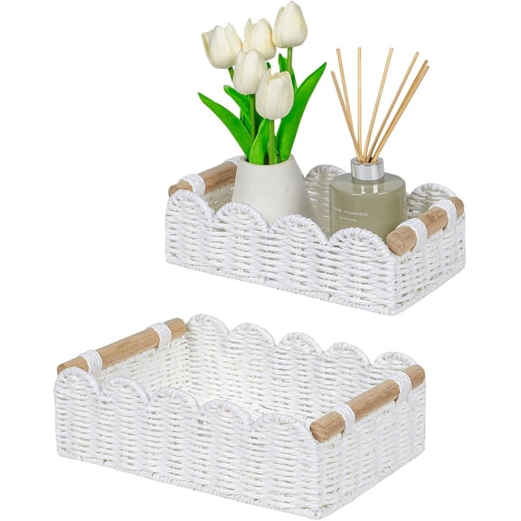 14Inch Paper Rope Scalloped Edge Toilet Paper Storage Basket,Decorative Wicker Organizer Basket Perfect for Home Countertop Storage,Living Room Shelf Decor&White