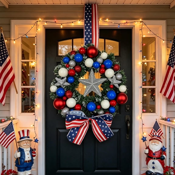 4th of July Glitter Star Bows Wreath Decoration, Patriotic Red White Blue Ball Artificial Wreath Outdoor Hanging Decor, American Flag Ornament Flower Wreaths for Memorial Day Door Decor