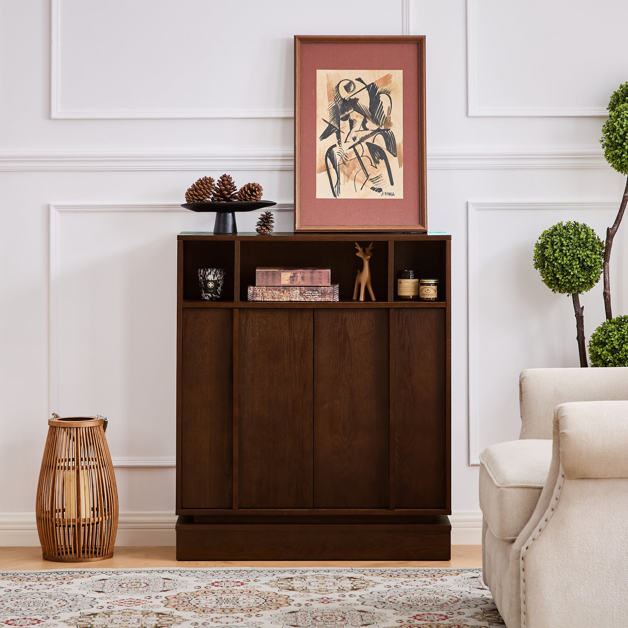 GDF Studio Farmhouse Fluted Sideboard Buffet Cabinet with 2 Doors, Adjustable Shelf, Walnut