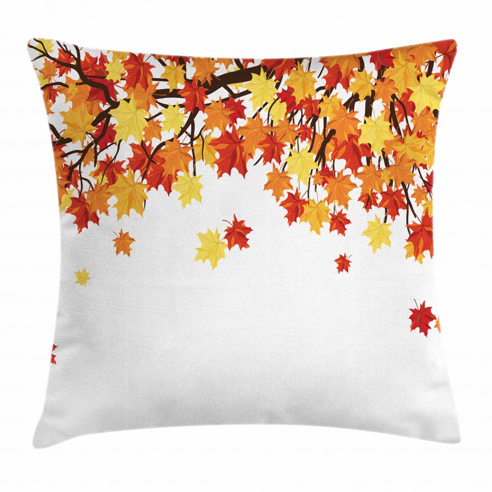 Autumn Throw Pillow Cushion Cover, Fall Season Foliage on Tree Branches
