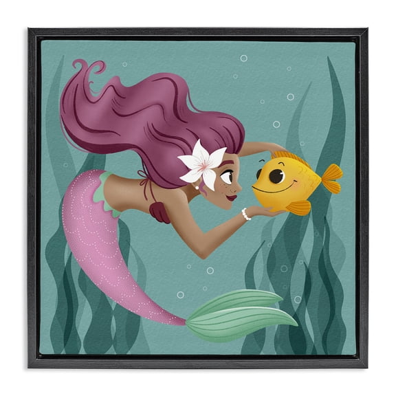 Stupell Industries Bohemian Mermaid & Fish Friends Black Floating Frame Canvas Art, 18 x 18, by Sarah Hickman