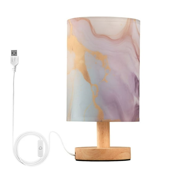 Pink and Gold Marble Bedside Table Lamp LED Warm Lights with USB Charging Port Retro Cylinder Desk Lamps