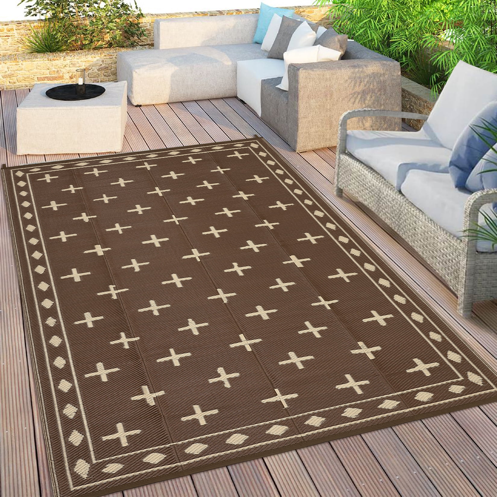 Garvee 9'x12' Waterproof Outdoor Rug Modern Bordered Reversible Outdoor Carpet, Plastic Straw Rug Portable RV Picnic Camping Mat for Garden Backyard Deck Balcony, Brown