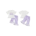 thumbnail image 2 of BemeyourBBs Toddler Baby Girl Birthday Outfit 1 2 3 4 5 Years Old Birthday Summer Clothes Baby Girls Ruffled Short Sleeve Crew Neck Letters T-shirt with Plaid Flare Pants Set, 2 of 9