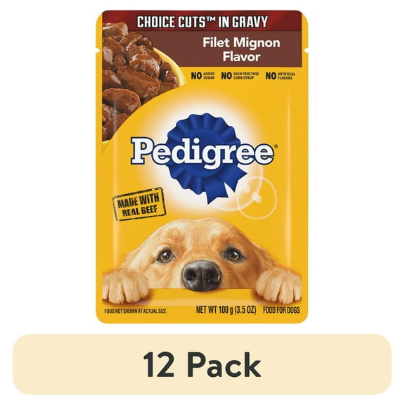 (12 pack) Pedigree Choice Cuts In Gravy Adult Soft Wet Dog Food Filet Mignon Flavor, 3.5 oz Pouches