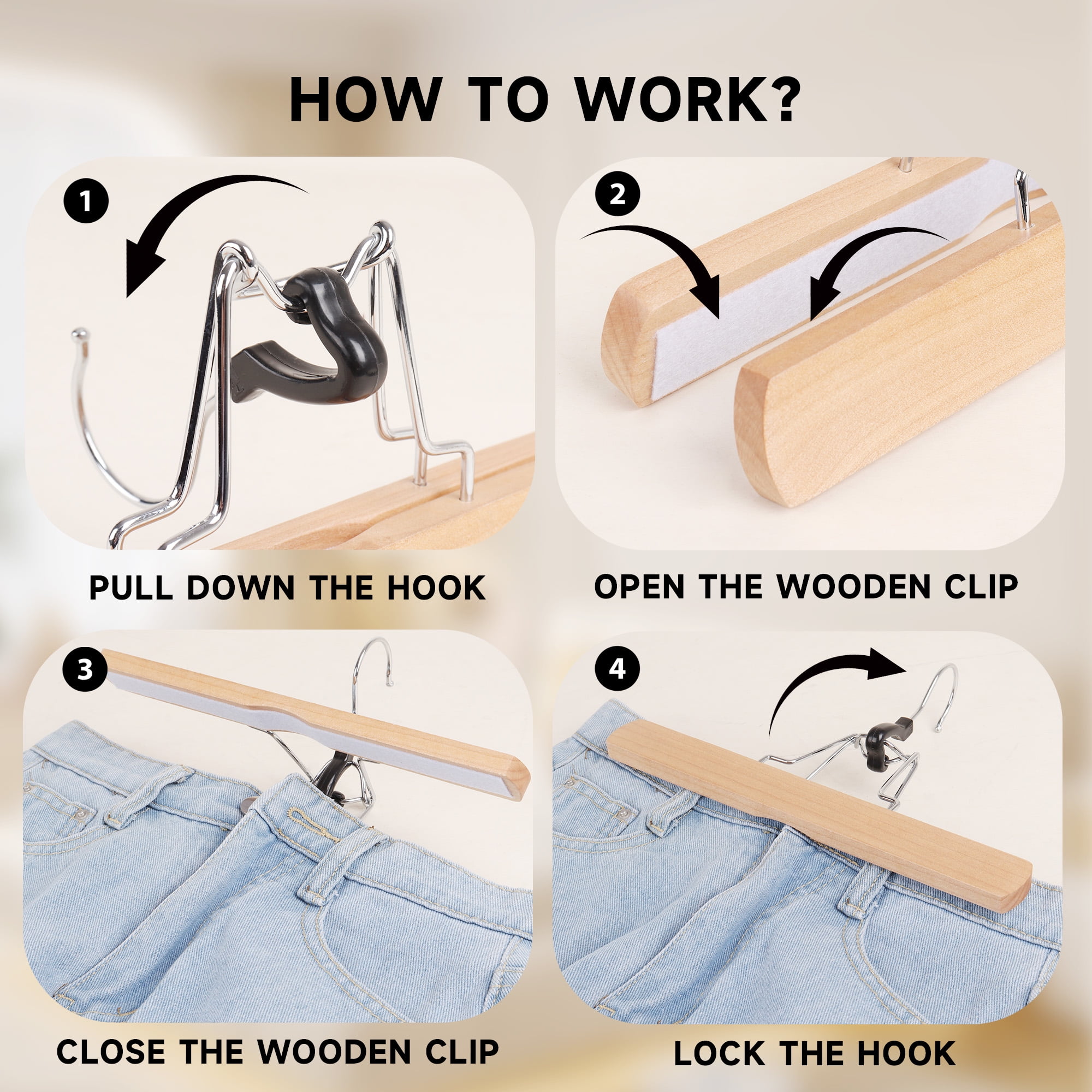 BP4U 12-Pack Wooden Pants Hangers with Felt Lining, 12" Non-Slip Clamp Solid Wood Skirt Hangers for Trousers, Jeans, Shorts, and Delicate Fabrics
