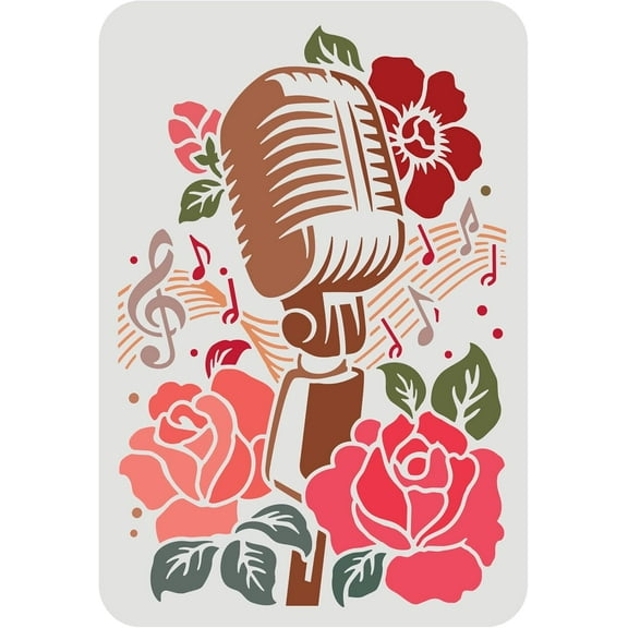 Music Flower Stencil 29.7x21cm Plastic PET Microphone Stencil Reusable Rose Flower Craft Stencils Music Notes Stencil Template for Painting on Wood Wall Fabric Tiles Furniture