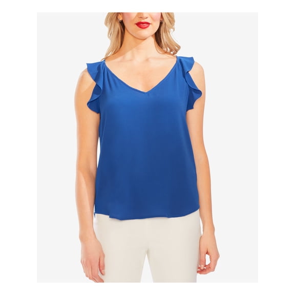 VINCE CAMUTO Womens Blue Ruffled Sleeveless V Neck Tank Top Size: L