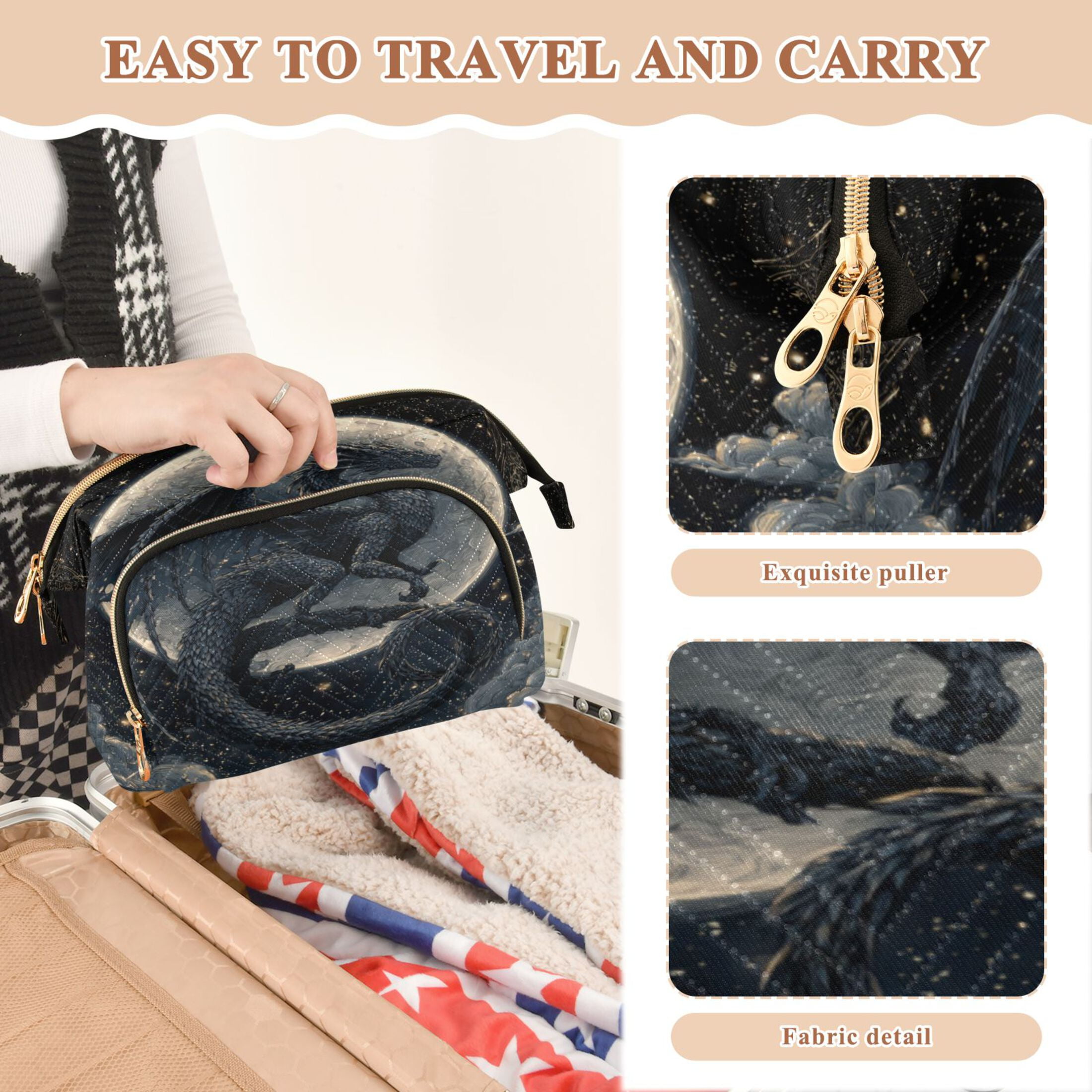 Wavy Quilted Cosmetic Bag Large-Capacity Travel Toiletry Organizer Includes 9-Piece Portable Travel Bottle Set Black Devil Dragon